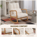 Poltrona a Dondolo 90°-130° con Cuscino Lombare rivestita in Tessuto Sherpa, 64,5x82x89 cm, Bianco e color Legno - immagine 6