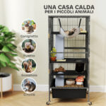 Gabbia per Piccoli Animali a 4 Livelli con Rampe, Piattaforme, Amaca e Ruote, 52x52x115 cm, Grigio - immagine 4