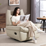 Poltrona Relax Reclinabile Manualmente con Poggiapiedi e Base Girevole Senza Braccioli, Crema - immagine 2