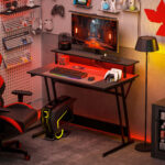 Scrivania Gaming con Luci LED e Supporto per Monitor, in Truciolato e Acciaio, 1x60x88,5 cm, Nero - immagine 8