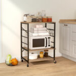 Scaffale da Cucina a 3 Livelli Stile Industriale con Ruote e 4 Ganci, Struttura in Acciaio, 60x40x84 cm, Teak - immagine 2