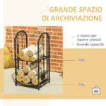 Portalegna per Camino a 2 Ripiani in Metallo con Paletta, Porta legna con Scopa, Attizzatoio e Pinza, 41,5x32,5x74,5 cm, Nero | Aosom Italy - immagine 4
