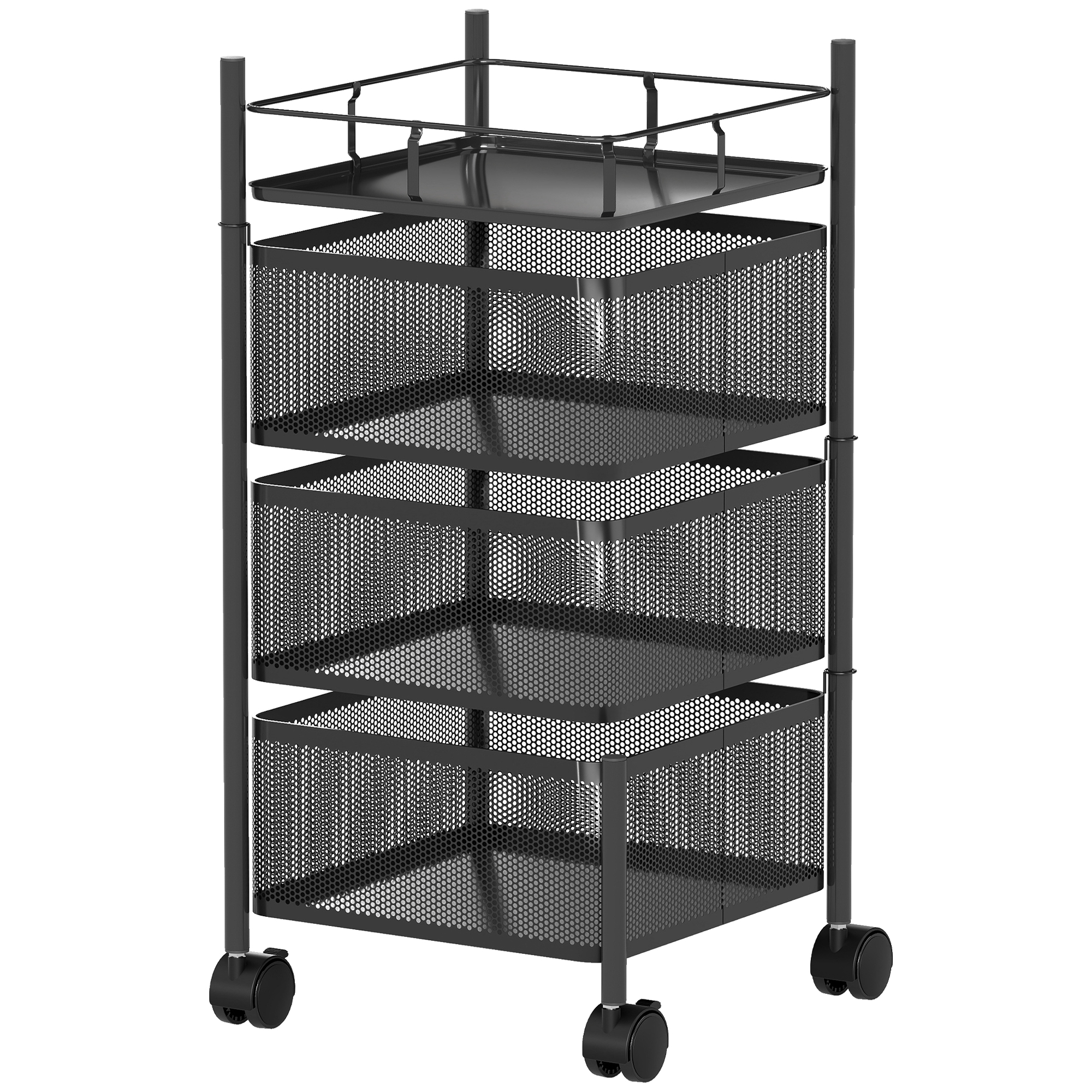yGacfd19b448ac4f2.jpg Carrello Cucina a 3 Livelli con Cestini in Metallo Girevoli, Ruote e Freno, 27,5x27,5x62 cm, Nero - immagine 1