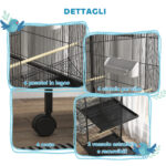 Voliera per Uccelli a Rotelle con Vassoi Estraibili in Plastica e Posatoi, in Metallo, 71,8x71,8x170,2 cm, Nero - immagine 4