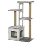 Albero Tiragraffi per Gatti Multi-livello con Cuccia e Corde in Iuta, 67x38,5x114 cm, Grigio