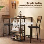 Tavolo da Bar a 3 Ripiani e 2 Sgabelli con Poggiapiedi e Schienale, in Legno e Acciaio, Nero e color Noce - immagine 4