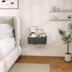 Comodino Sospeso Moderno con Cassetto, in Legno, 40x30x15 cm, Nero - immagine 7