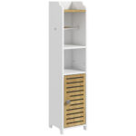 Mobiletto Bagno Salvaspazio Moderno con Ripiani e Armadietto in Truciolato, Superficie in melamina,18x20x90cm, Bianco | Aosom Italy
