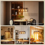 Lampadario a Sospensione Rustico con 4 Cornici Girevoli e Catena Regolabile, 80x21x90-130 cm, Nero e Marrone - immagine 6