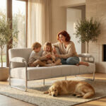 Divano 3 Posti Moderno Rivestito in Ciniglia Beige, in Acciaio, Spugna e Pannello Multistrato, 174x75x76 cm - immagine 2
