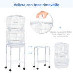 Gabbia per Uccelli, Voliera in Metallo e Acciaio con Ruote, Trespoli e Ciotole, 46,5x36x157cm, Bianco - immagine 4