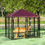 Recinto per Cani da Esterno con Serratura, 2 Ciotole Girevoli e Copertura Rimovibile, Nero e Rosso - immagine 2