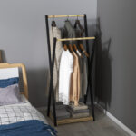 Appendiabiti da Terra in Legno con 2 Barre e Ripiano Inferiore Design Moderno, 61x45x152cm - immagine 6