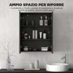 Armadietto Pensile Bagno 2 Ante con Specchiera e 2 Ripiani Interni in MDF, 60x15x75 cm, Nero - immagine 4