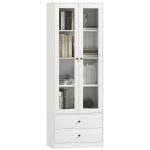 Credenza Cucina con Armadietto e 2 Cassetti, Ante in Vetro e Ripiani Regolabili, 59x30x164 cm, Bianco