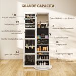 Specchio Portagioie 3 in 1 Girevole a 360°, Ripiani Posteriori e Anta con Chiave, 55x55x161 cm, Bianco - immagine 5