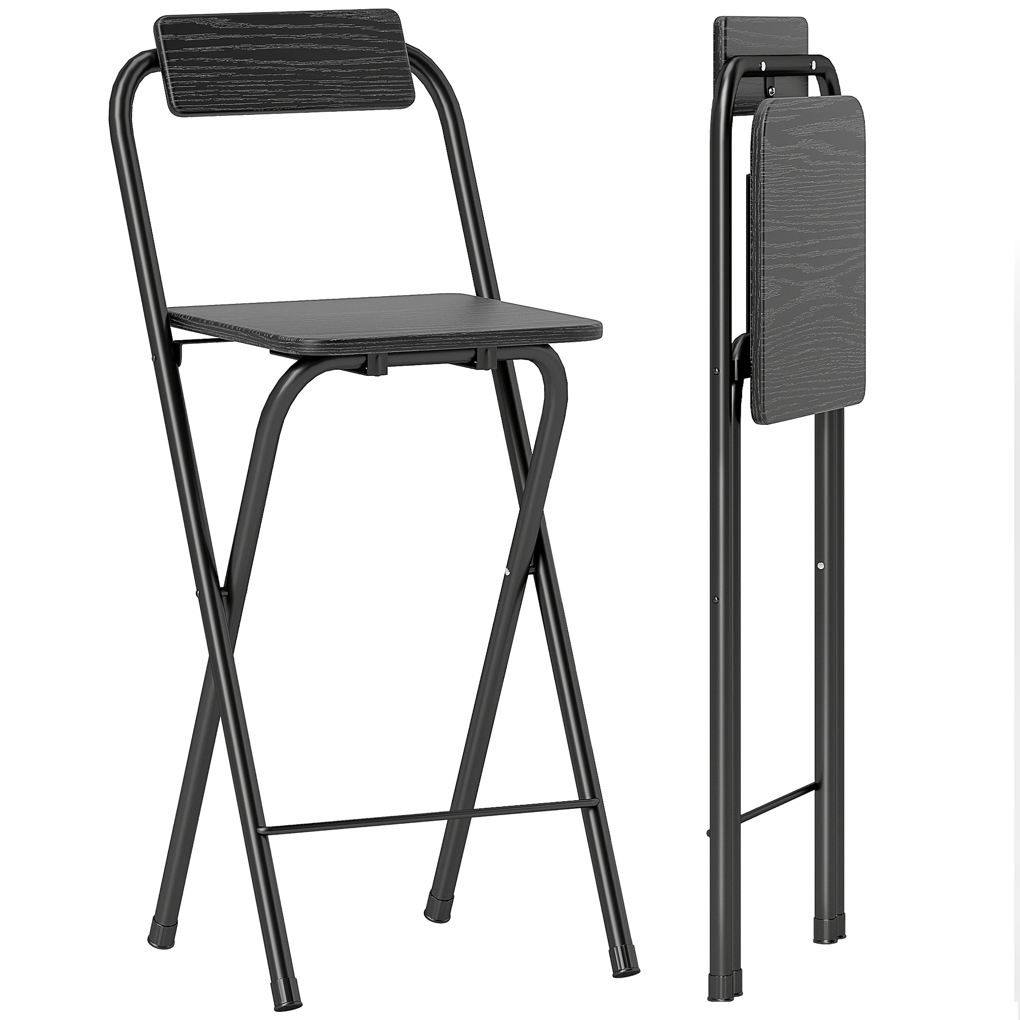 ICqe4c196fe4ed84b.jpg Set 2 Sgabelli da Bar Pieghevoli con Poggiapiedi, in Legno e Acciaio, 37x45x87 cm, Nero - immagine 1