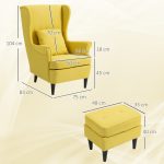 Poltrona con Poggiapiedi in Stile Contemporaneo, in Tessuto Effetto Lino e Legno di Caucciù, 75x83x104 cm, Giallo - immagine 3