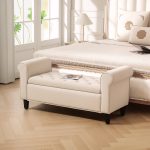 Panca Fondo Letto in Tessuto Vellutato con Spazio Portaoggetti e Braccioli, 126x48.5x57 cm, Beige - immagine 2