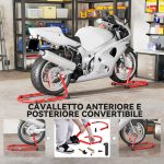 Cavalletto Moto Anteriore e Posteriore con Capacità 390 kg, Forcelle a U e L, Rotelle e Cuscinetti Antiscivolo, Rosso - immagine 4