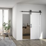 Porta Scorrevole in Stile Country con Binario e Maniglia, in Legno e Acciaio, 183x0.6x4 cm, Bianco e Nero - immagine 2