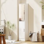Mobile Colonna Bagno in Legno a 5 Ripiani con Anta a Specchio Apribile, 32x28x162 cm, Bianco - immagine 2