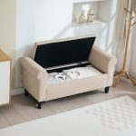 Panca Fondo Letto in Tessuto Vellutato con Spazio Portaoggetti e Braccioli, 126x48.5x57 cm, Beige - immagine 9