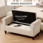 Panca Fondo Letto in Tessuto Vellutato con Spazio Portaoggetti e Braccioli, 126x48.5x57 cm, Beige - immagine 4